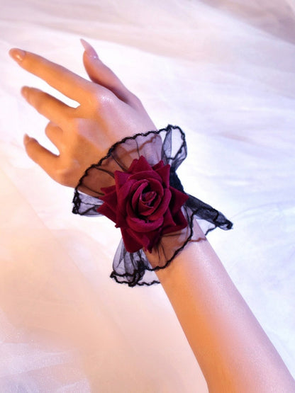 Black Gothic Rosette Lace Wrist Cuffs