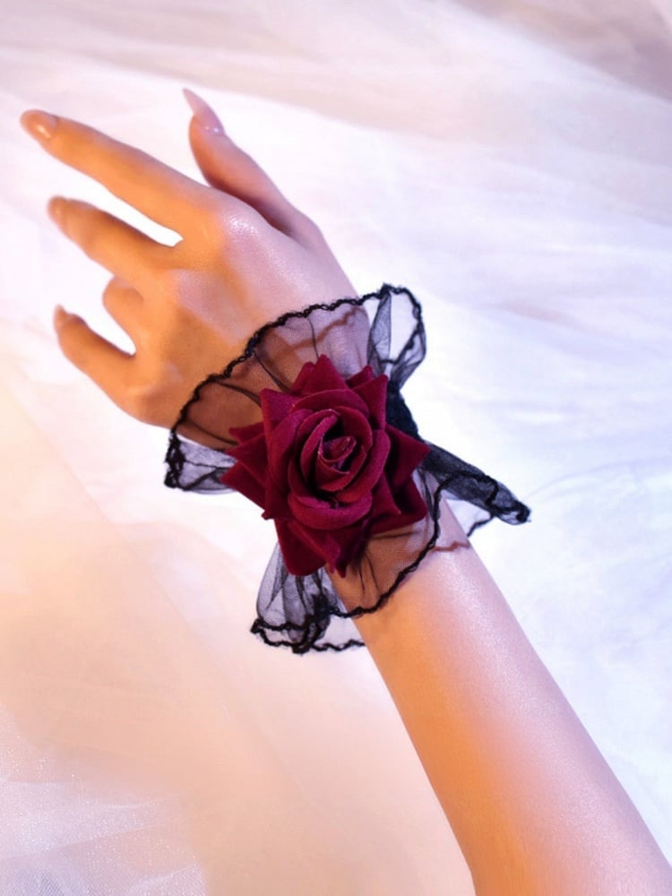 Black Gothic Rosette Lace Wrist Cuffs