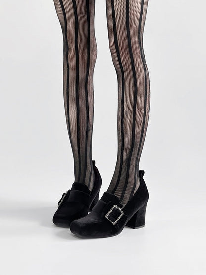 Gothic Velvet Black Square Toe High Block Heel Shoes