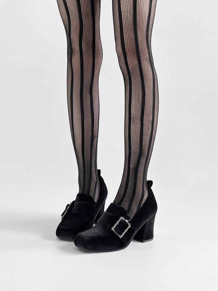 Gothic Velvet Black Square Toe High Block Heel Shoes