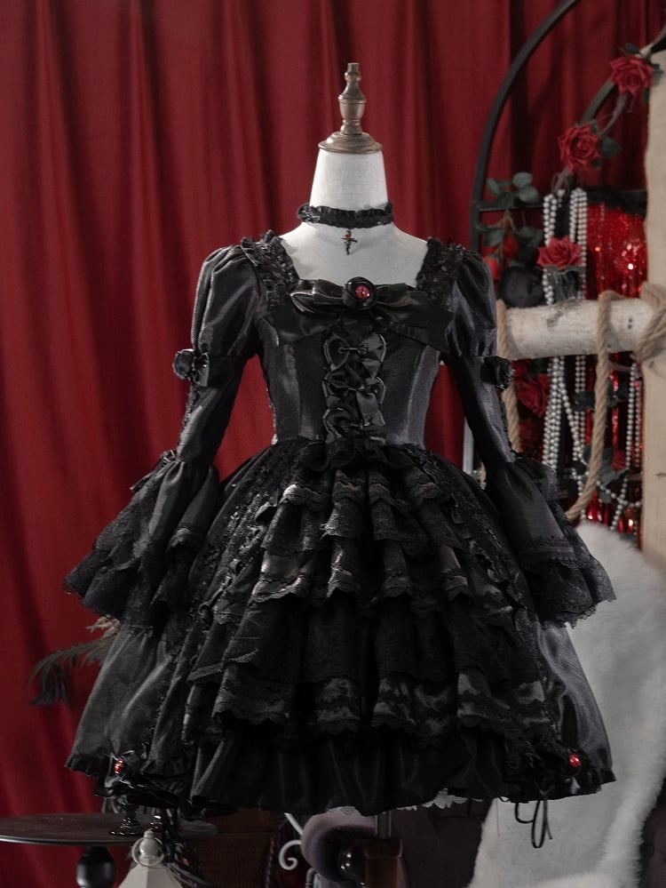 Black Layered Bell Sleeves Kuro Gothic Lolita Dress Bowknot Details and Drawstring Skirt