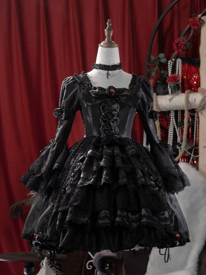 Black Layered Bell Sleeves Kuro Gothic Lolita Dress Bowknot Details and Drawstring Skirt