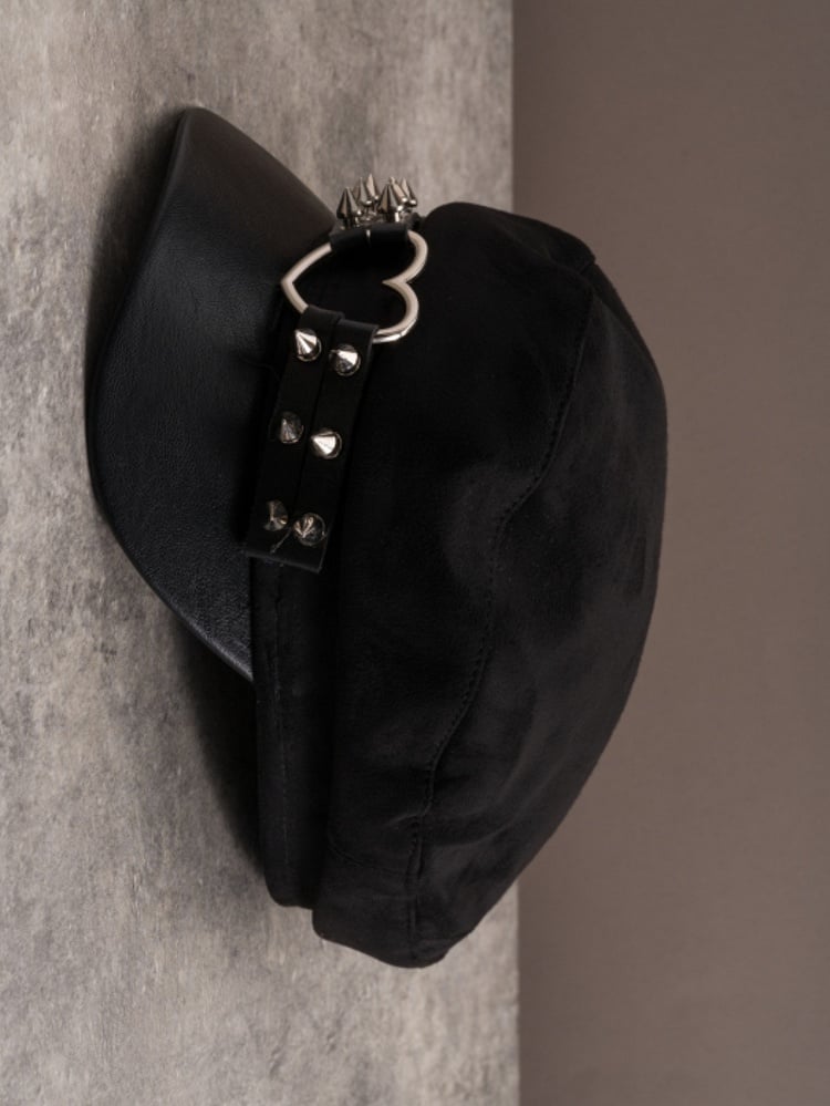 Black Gothic Heart Ring Studs Details Beret Hat