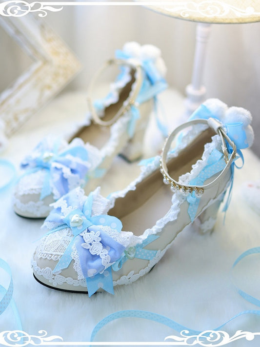 Blue Sweet Lolita Bow at Top Plush Bunny Decorated 5CM Block Heels Lolita Shoes