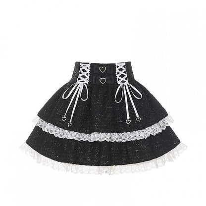 Jirai Kei Black Tweed Tiered Skirt with White Lace Trim & Lace-Up Detail