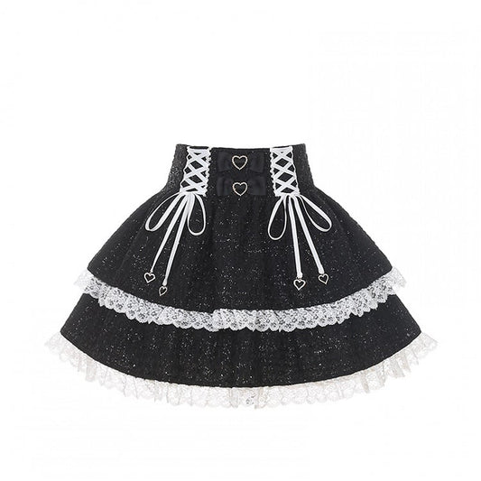Jirai Kei Black Tweed Tiered Skirt with White Lace Trim & Lace-Up Detail
