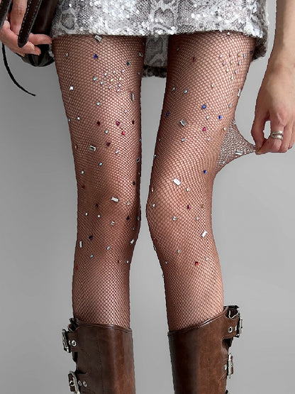 White/Brown Rhinestone Decorated Fishnet Tights