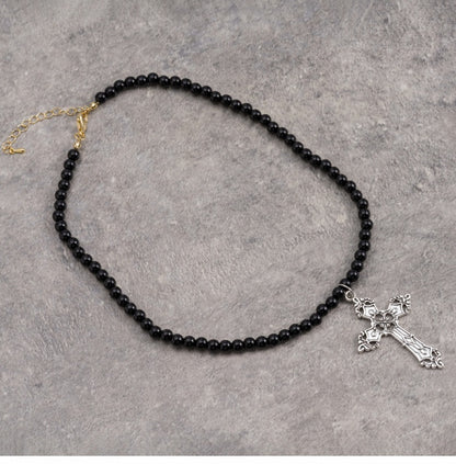 Silver Cross Pendant Gothic Black Beads Necklace