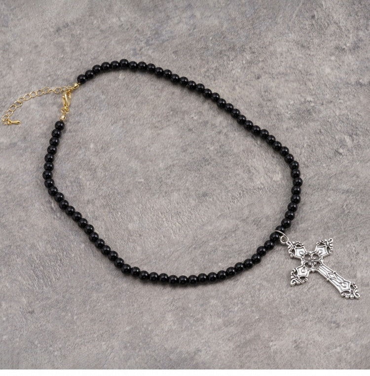 Silver Cross Pendant Gothic Black Beads Necklace