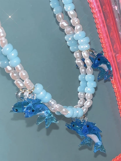 Blue Y2K Dolphin Pendant Beaded Necklace