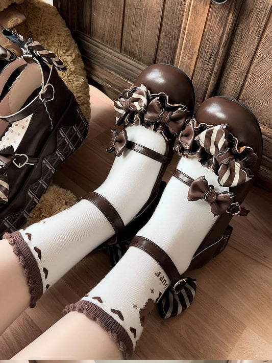 Dark Brown Striped Pattern Bowknot Details Heart Buckle Lolita Shoes