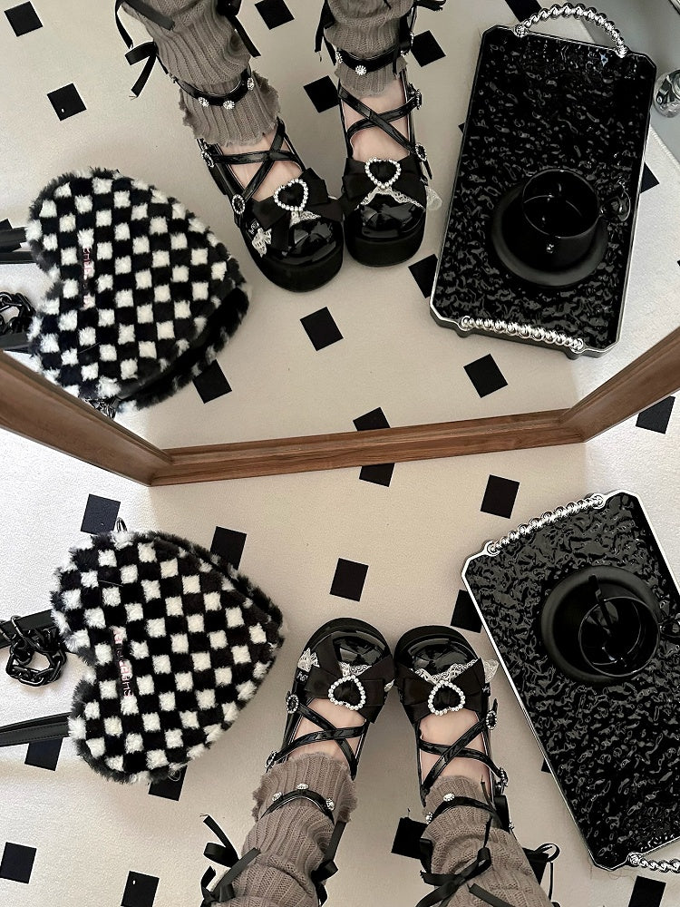 Bow at Top Polished Black Jirai Kei Rhinestones Block Heel Platforms Landmine Style Shoes