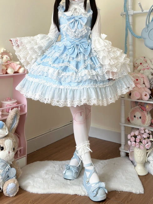White Lace Trims Blue Bows Decorated Hanayome Dress Lolita Jumper Skirt