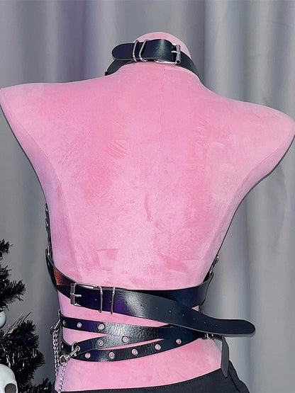 Black Punk Studs Details PU Chest Chain