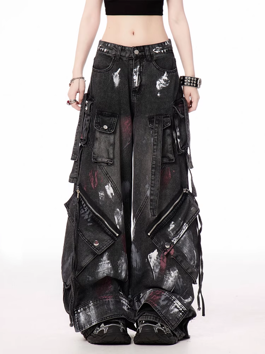 Spray Paint Print Zipper Details Black Low Waist Wide-leg Cargo Jeans