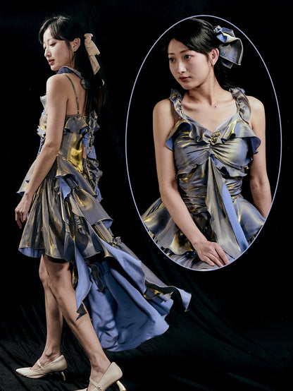 Purple Ruched Design Flounce Hem Vintage Dress