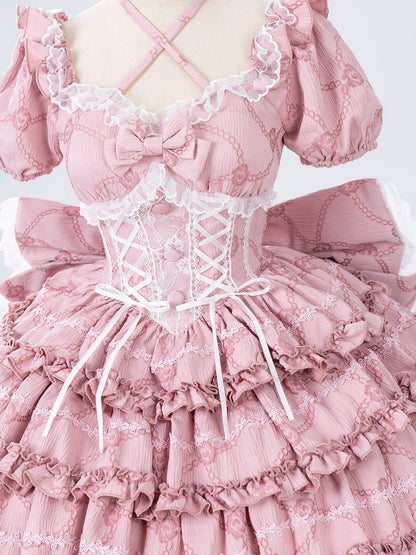 Pink Princess Corset Waist Dress Ruffle Skirt Lolita OP with Big Bow at Back