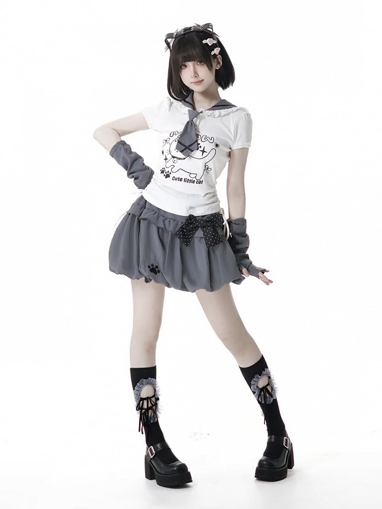 Kitty Ears Design Sailor Collar White Drawstring Side T-shirt with Free Armwear
