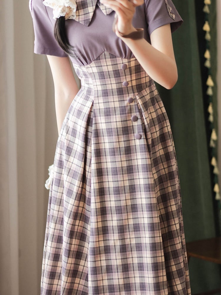 Light Purple Plaid Pattern Slim Fit Waist Retro Fashion Short Sleeves Dress