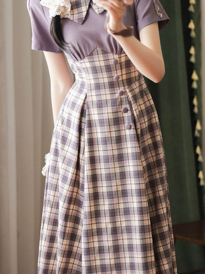 Light Purple Plaid Pattern Slim Fit Waist Retro Fashion Short Sleeves Dress