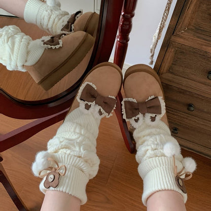 Stockings Design Bow at Top Brown Platform Boots