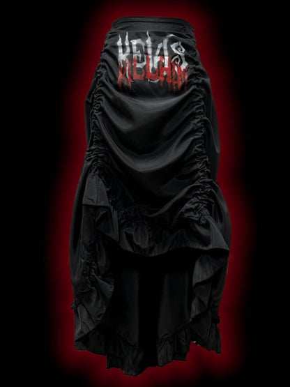 Gothic Black Letters Print Ruched Design High-low Punk Skirt with Free Cross Charms Waist Chain