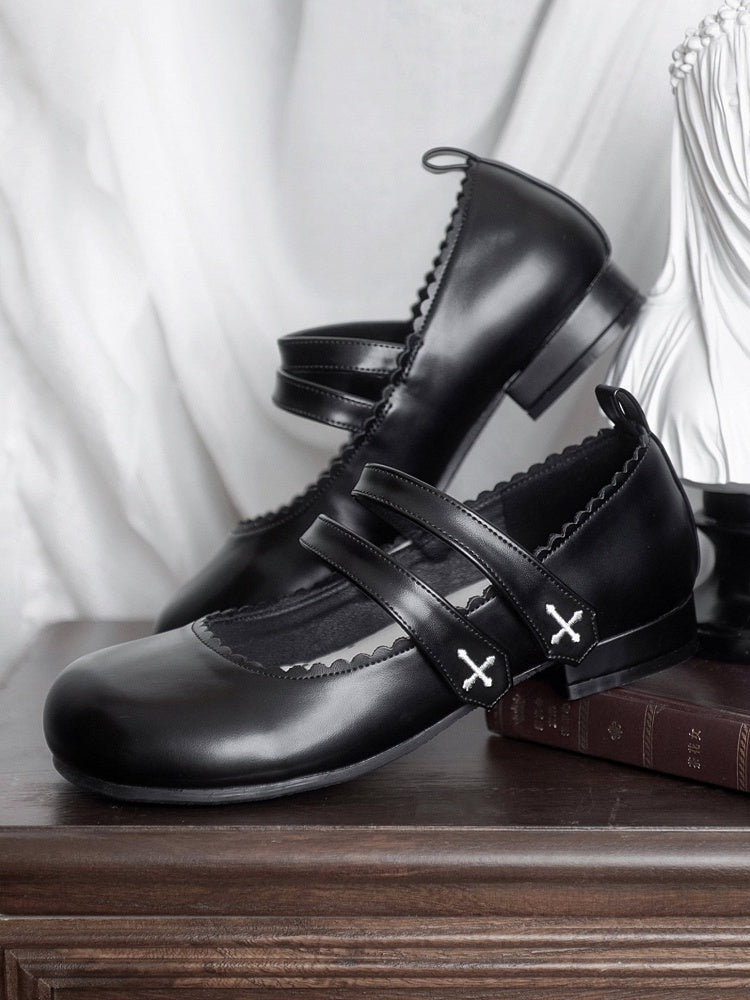 Black Gothic Cross Embroidery Velcro Strap Closures Round Toe Flats