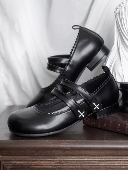 Black Gothic Cross Embroidery Velcro Strap Closures Round Toe Flats