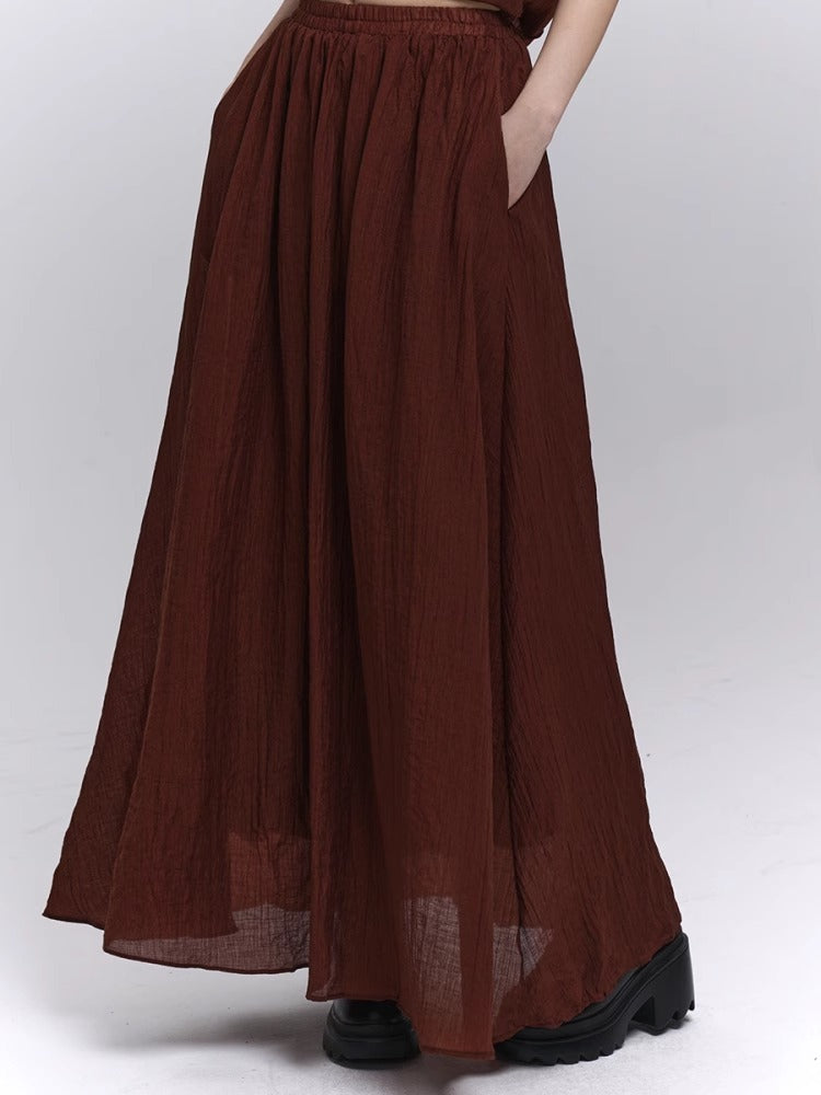 Wine Red Floral Embellished Cami Top with Scarf / Elastic Waist Skirt