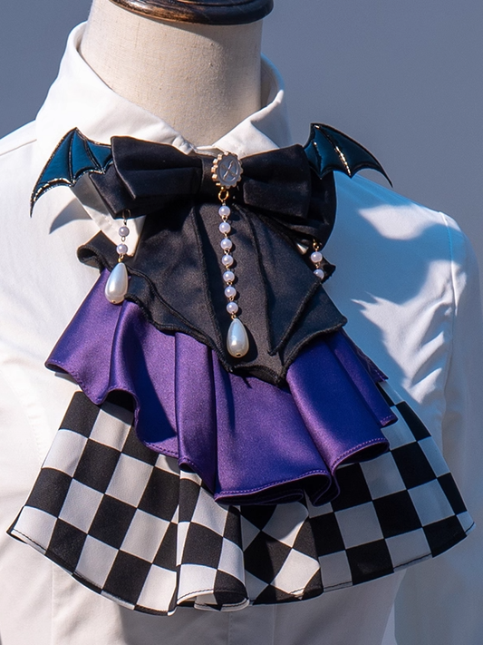 Bat Wing Detail Dark Blue/Brown/Purple Checked Pattern Layered Jabot Tie