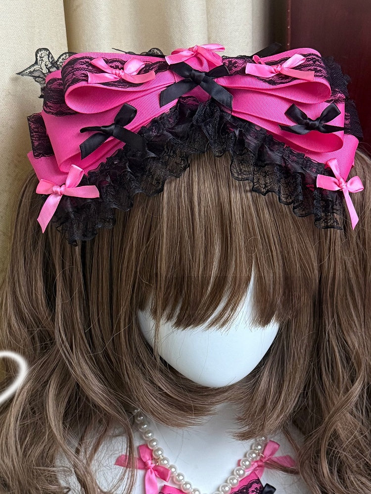 Rose Red Lace Trim Bowknot Hairclip + Bowknot Details Beaded Necklace