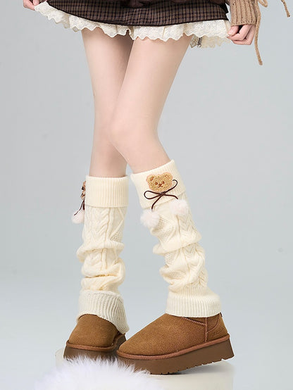 Apricot Bear Bowknot Leg Warmers With Pompons