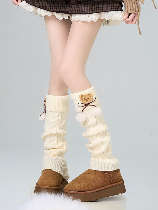 Apricot Bear Bowknot Leg Warmers With Pompons