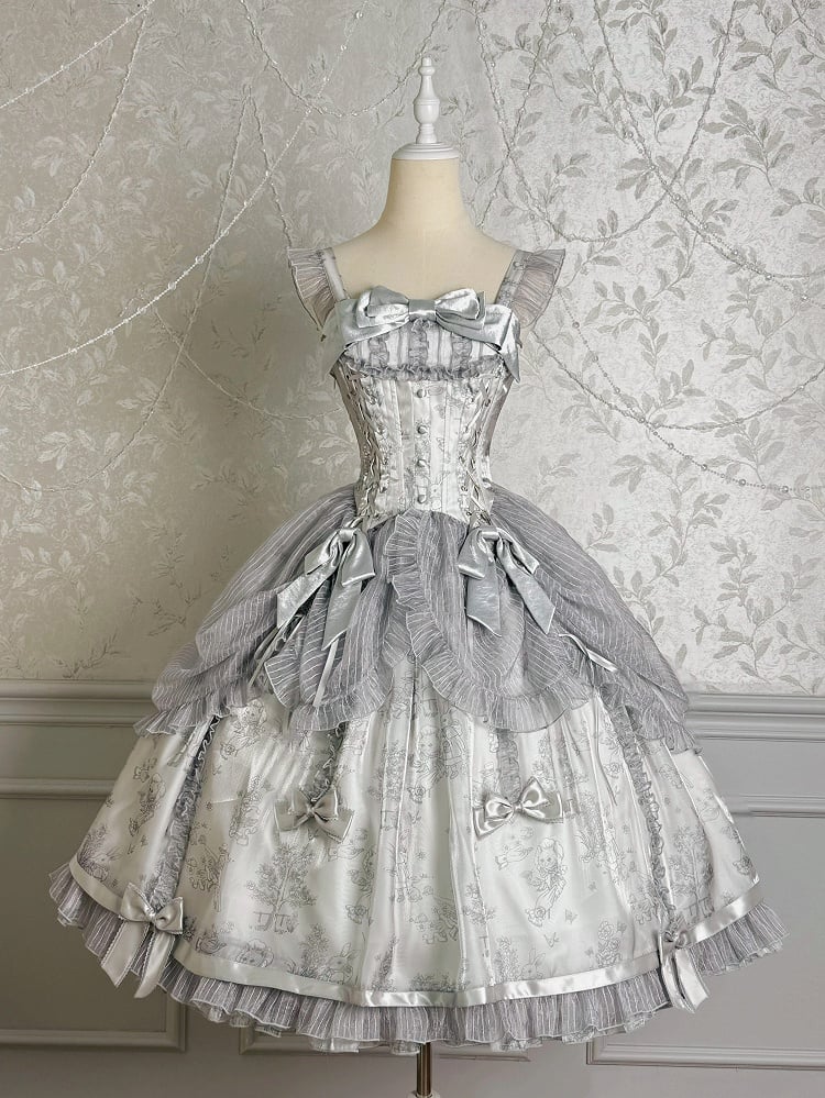Silver Gray Corset Waist Drawstring Overlay Skirt Lolita Jumper Skirt