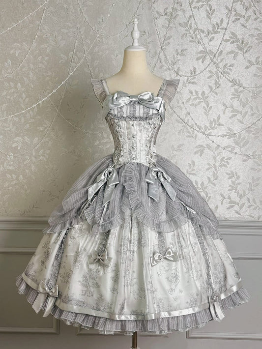 Silver Gray Corset Waist Drawstring Overlay Skirt Lolita Jumper Skirt
