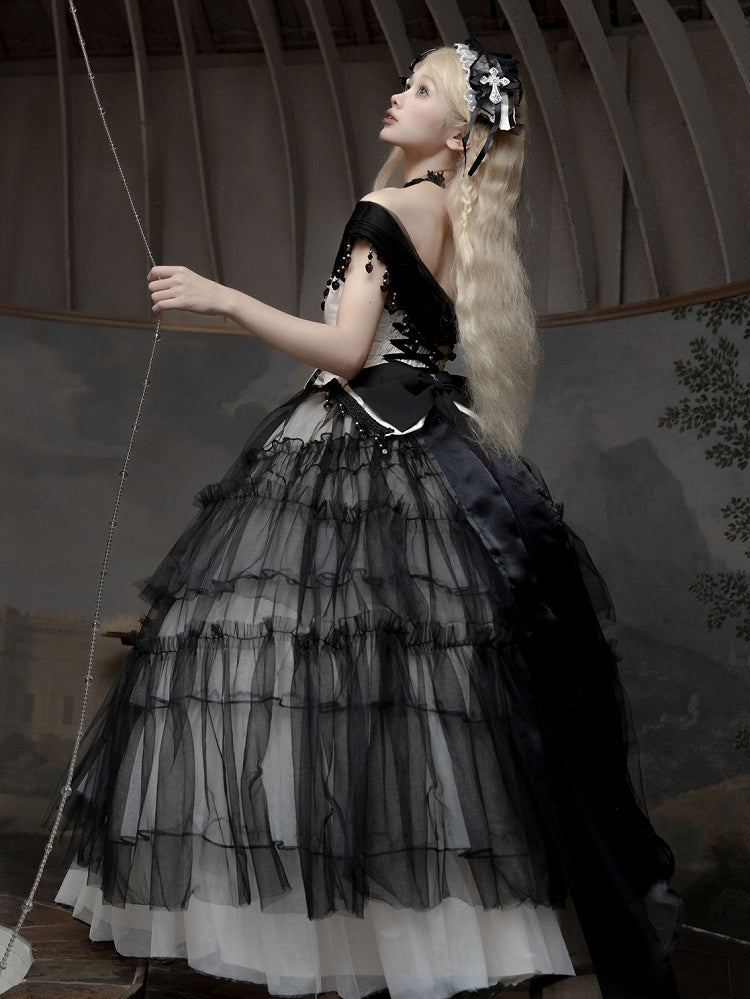 Plus Sizes Available Black Gothic Princess Off-the-shoulder Neckline Dress Black and White