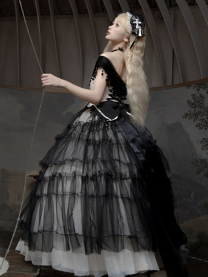 Plus Sizes Available Black Gothic Princess Off-the-shoulder Neckline Dress Black and White