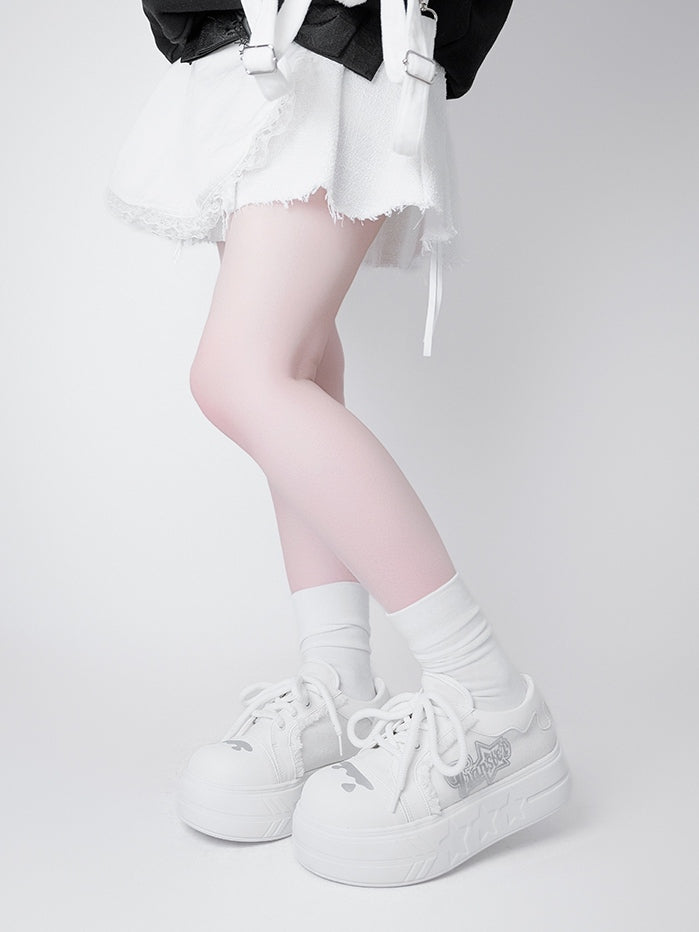 Letter Print, Raw Hem Details & Secure Lace Closure White Platforms in Otaku Style