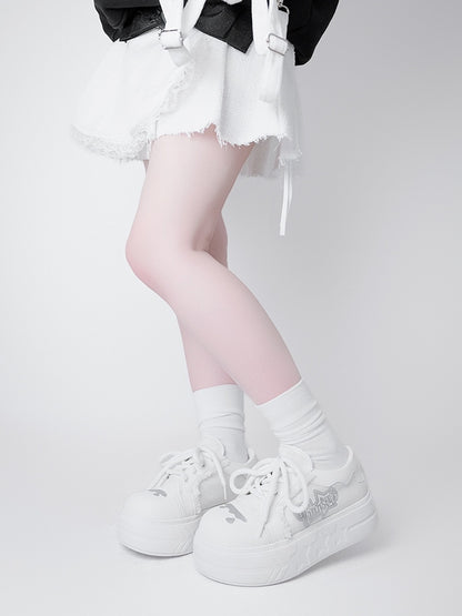 Letter Print, Raw Hem Details & Secure Lace Closure White Platforms in Otaku Style