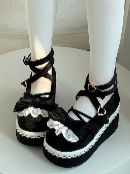 Lace Accents Bow at Top, Heart Buckle & Crisscross Straps Velvet Black Platform Shoes in Sweet Lolita