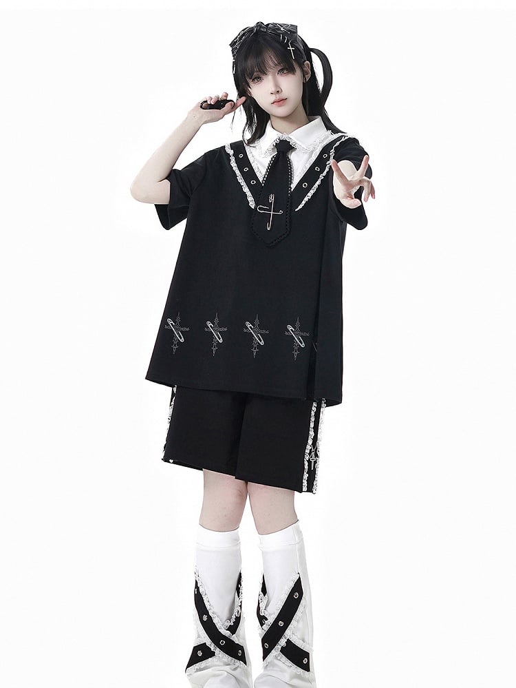 Black Shirt Collar Pin Cross Print T-Shirt with Free Tie