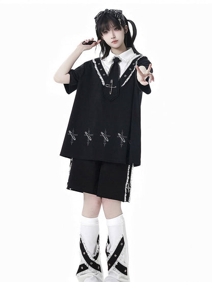 Black Shirt Collar Pin Cross Print T-Shirt with Free Tie