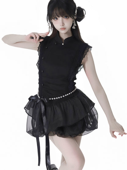 Black Cheongsam Style Banded Collar Mini Dress Bubble Skirt with Beaded Waist Chain