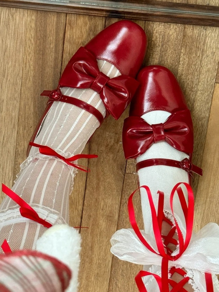 PU Red Elegant Lolita Mary Janes - Mid Heel with Bow Accents & Heart Buckle
