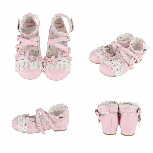 Pink Polka-dot Pattern Crisscross Design Bowknot Details Bunny Applique Lace Trim Sweet Lolita Shoes