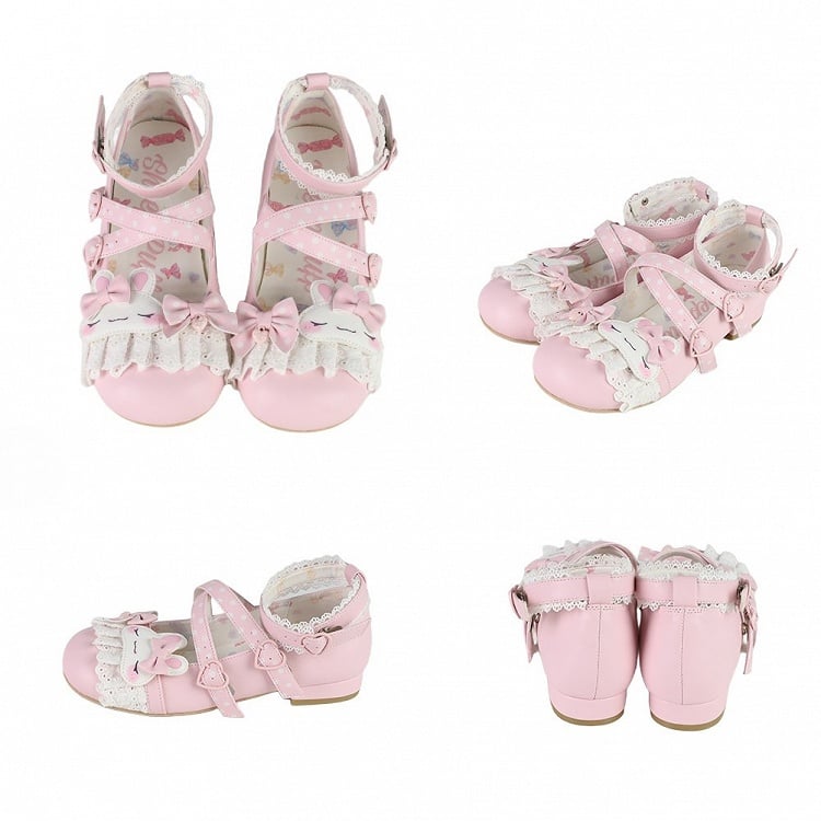 Pink Polka-dot Pattern Crisscross Design Bowknot Details Bunny Applique Lace Trim Sweet Lolita Shoes