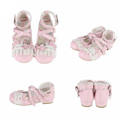 Pink Polka-dot Pattern Crisscross Design Bowknot Details Bunny Applique Lace Trim Sweet Lolita Shoes