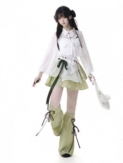 Green Cheongsam Style Elastic Waist Tiered Skirt with Waist Belt