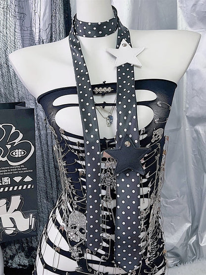 White/Black Y2K Star Applique Polka-dot Pattern Neck Tie