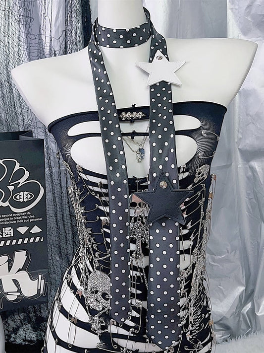 White/Black Y2K Star Applique Polka-dot Pattern Neck Tie